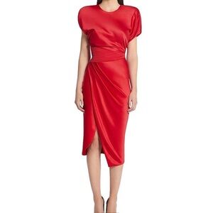 Zhivago Red Satin Midi Dress with Draped Waist Detail